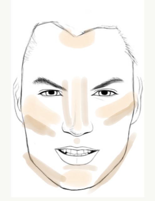 A male face with highlight and contour lines on the cheeks, nose, and chin.